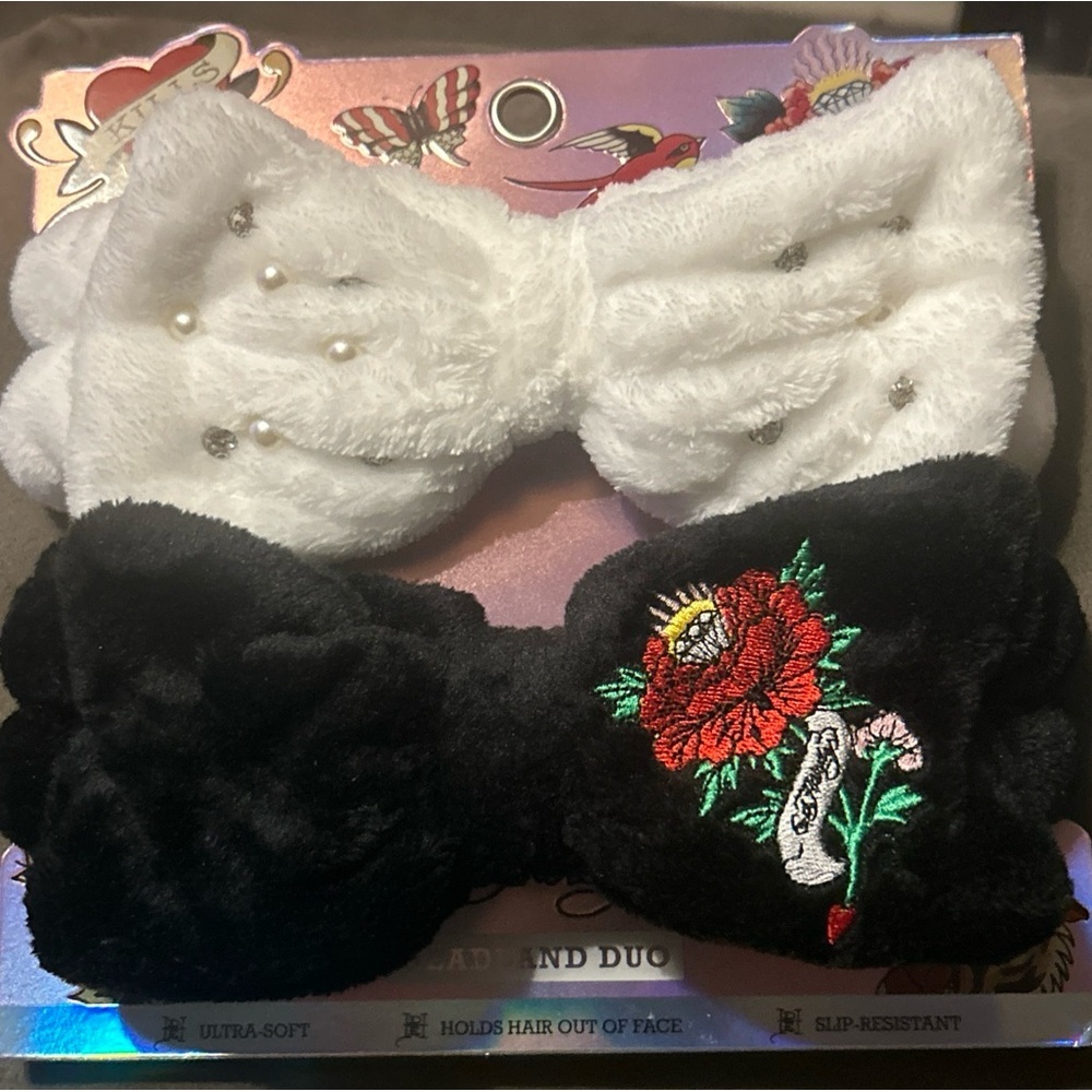Ed Hardy Black Bow W/ Red Rose & White Bow W/ Rhinestone Headband Hairband Duo